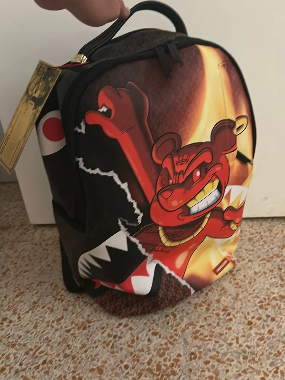 Men's Red Graphic Backpack with Cartoon Bear Design